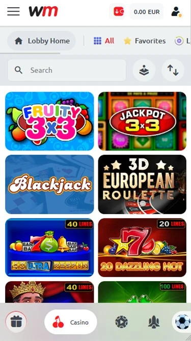 Winmasters Casino mobile game lobby — capture de l’interface Winmasters Casino